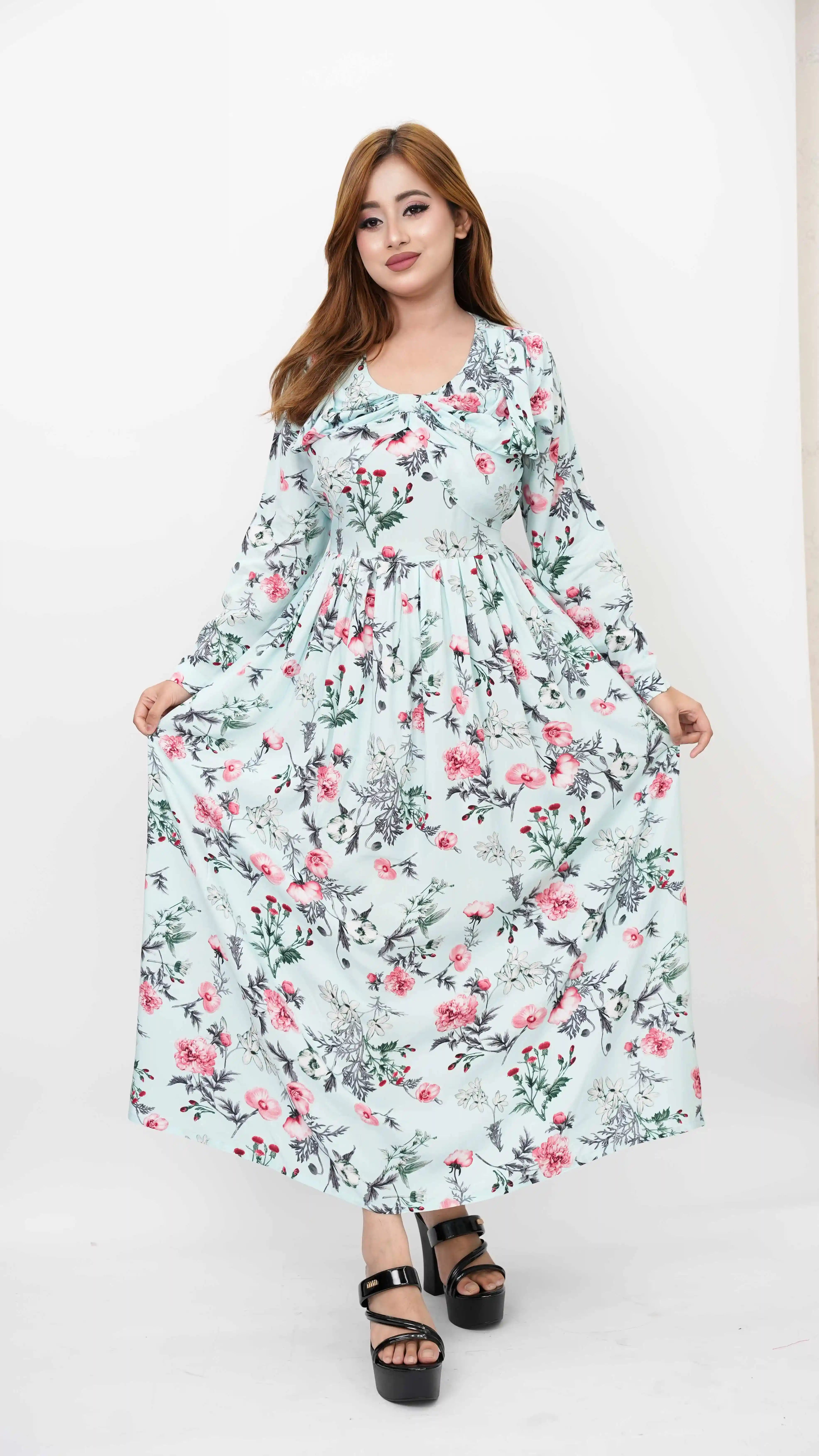 Floral Print Long Gown for Women Full Sleeve Elegant Dress