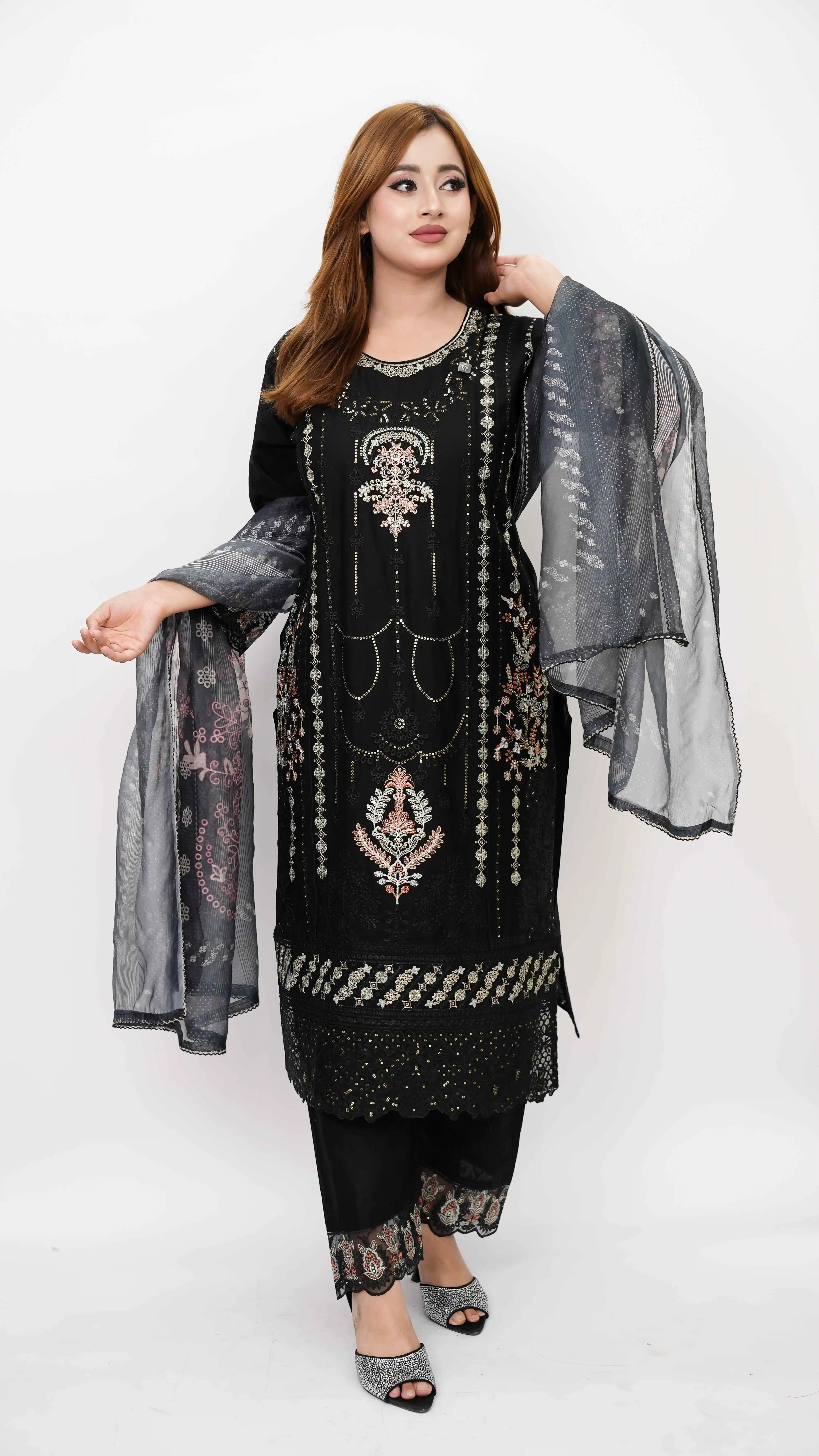 Black Cotton Ready Three Piece with Elegant Embroidery