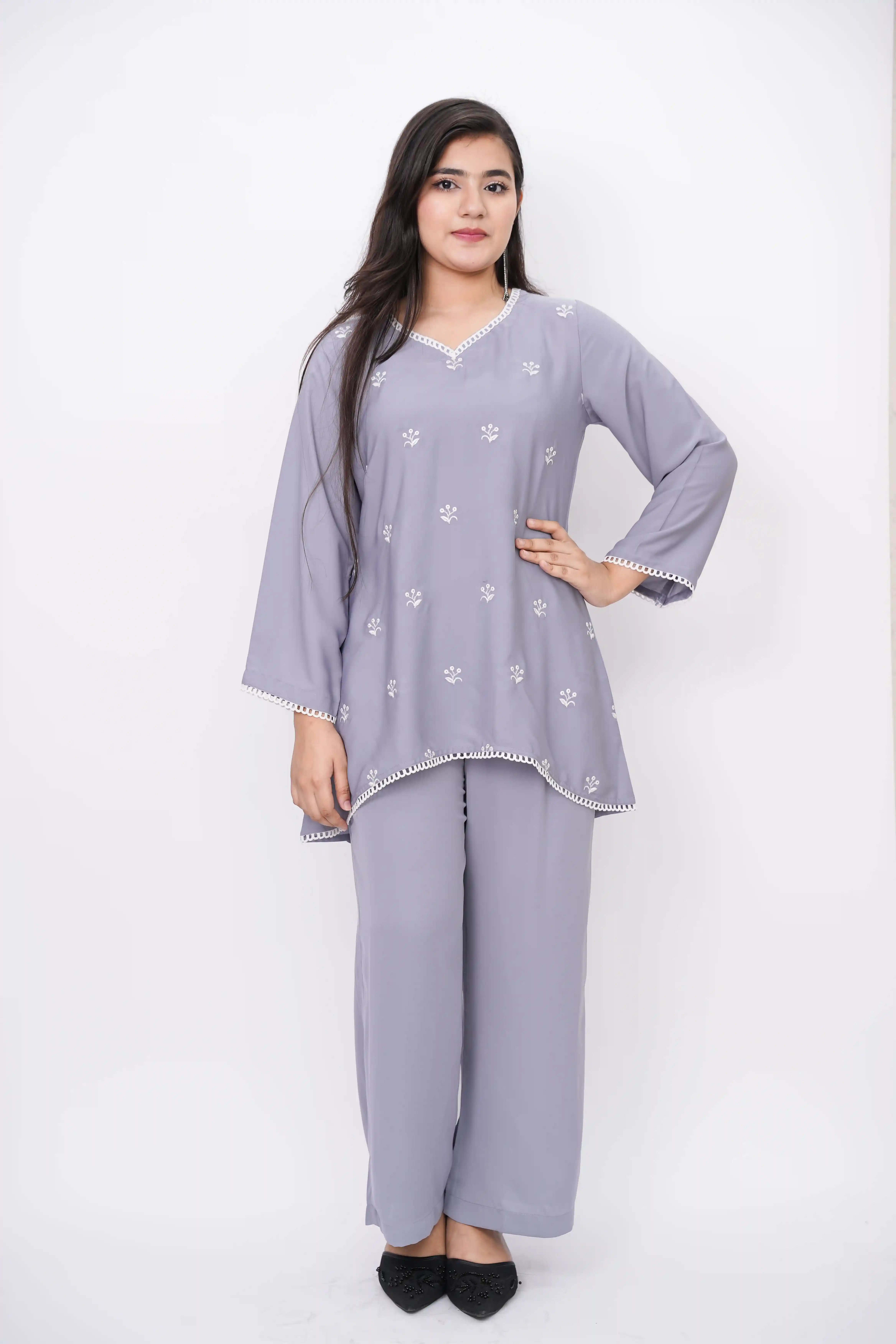 Cherry Fabric Co-ords Set with Embroidery and Cord Piping