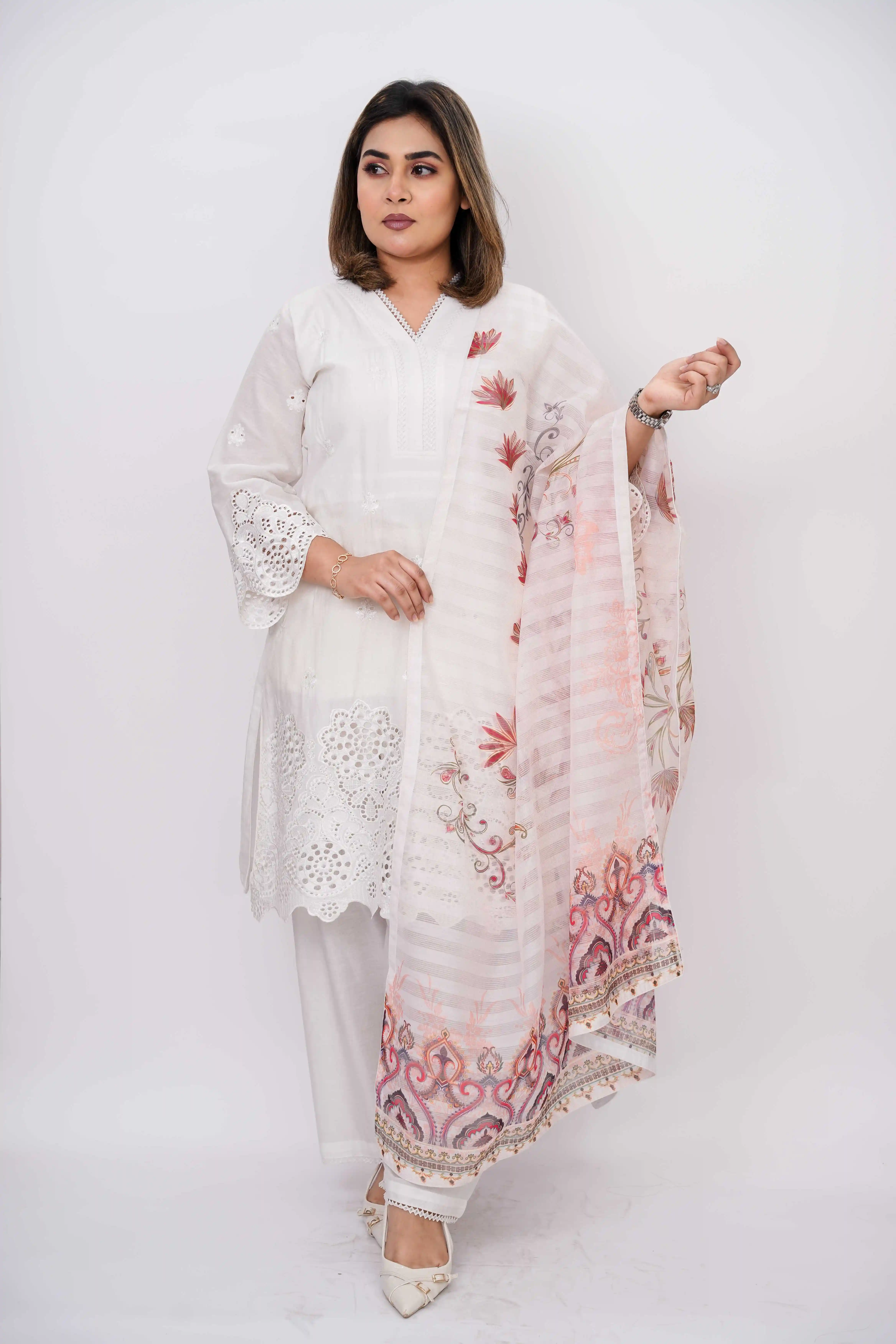 Cotton Ready Three Piece with Chikankari Embroidery