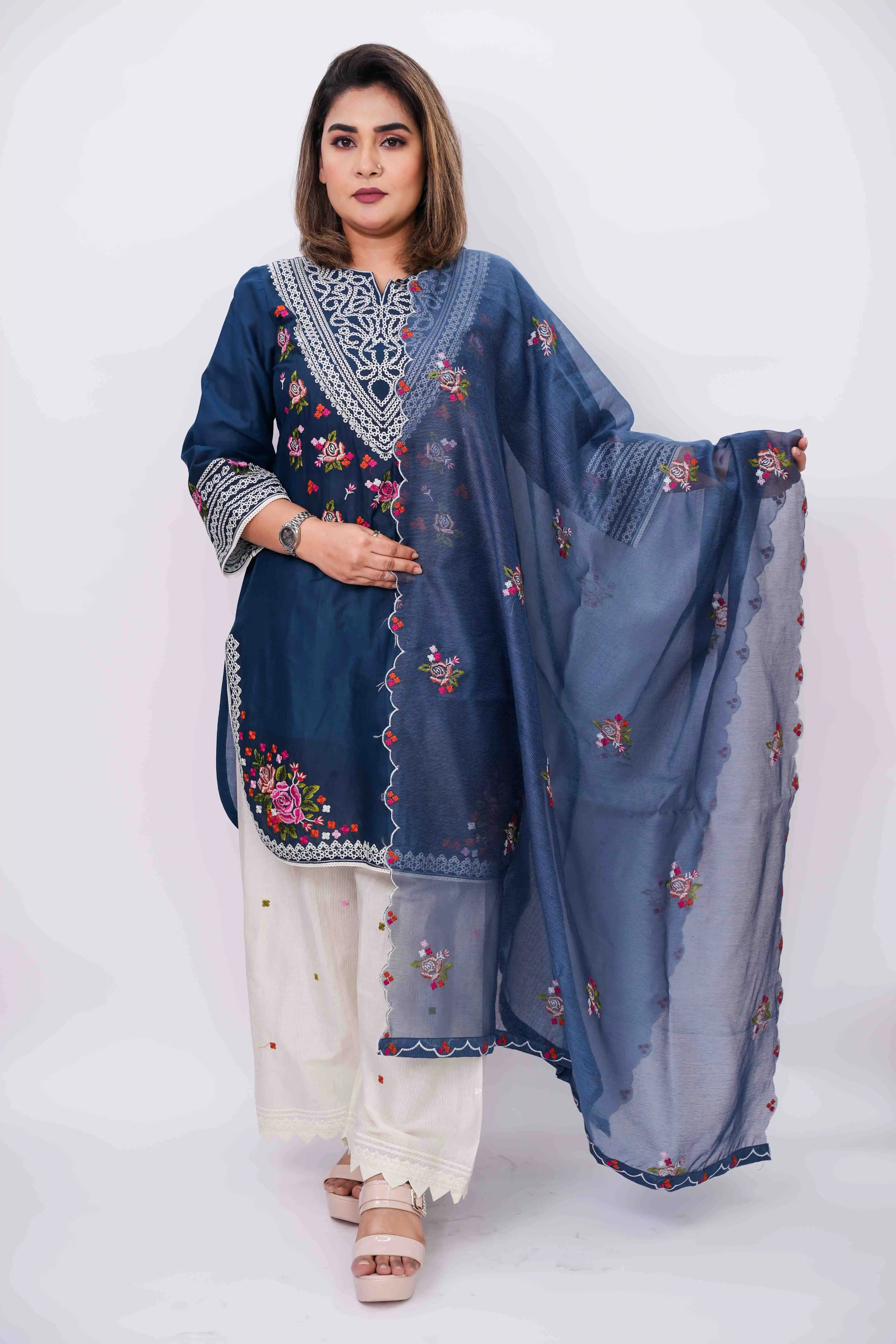 Elegant White Embroidery Cotton Unstitched Three Piece