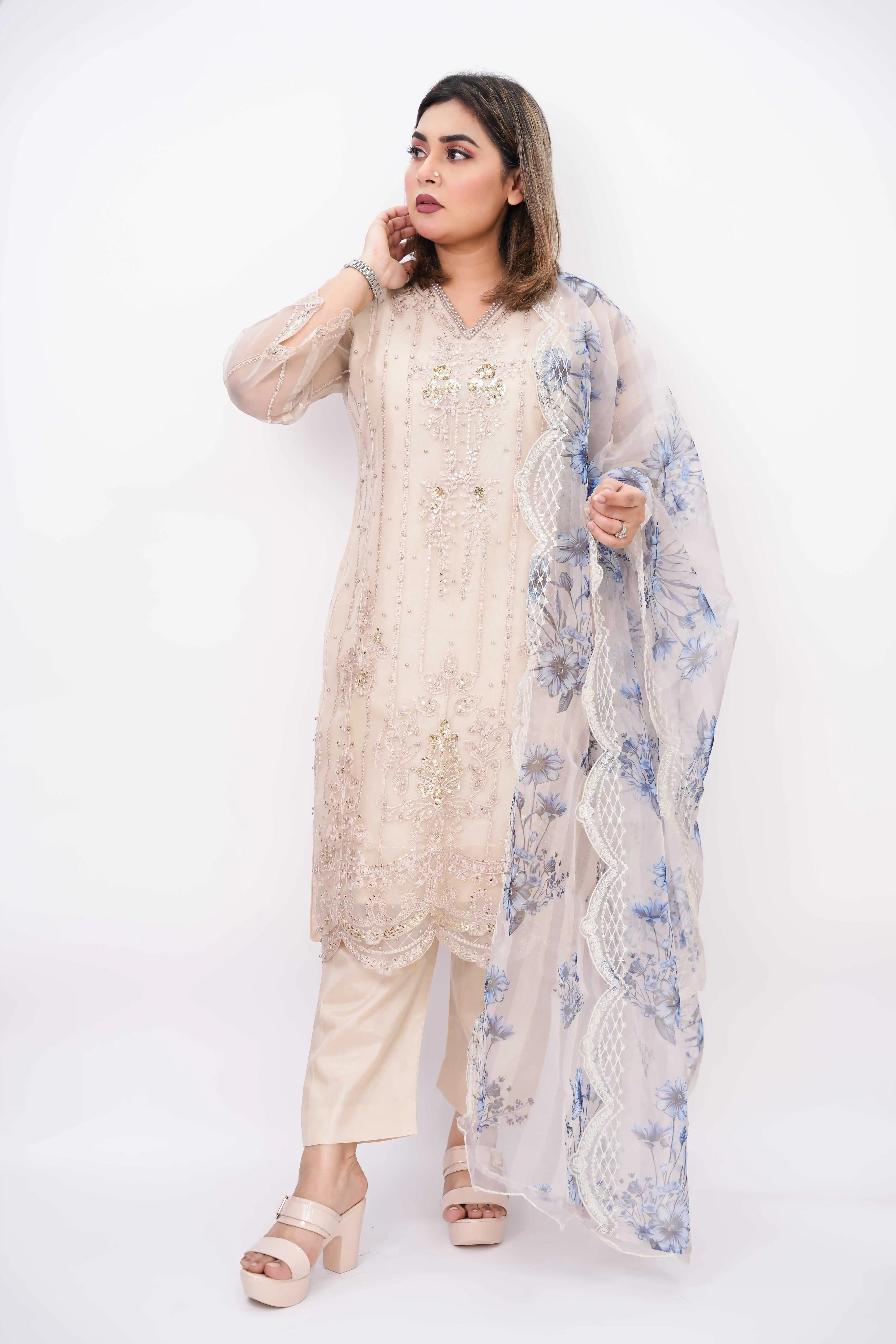 Premium Organza Unstitched Four-Piece with Embroidery