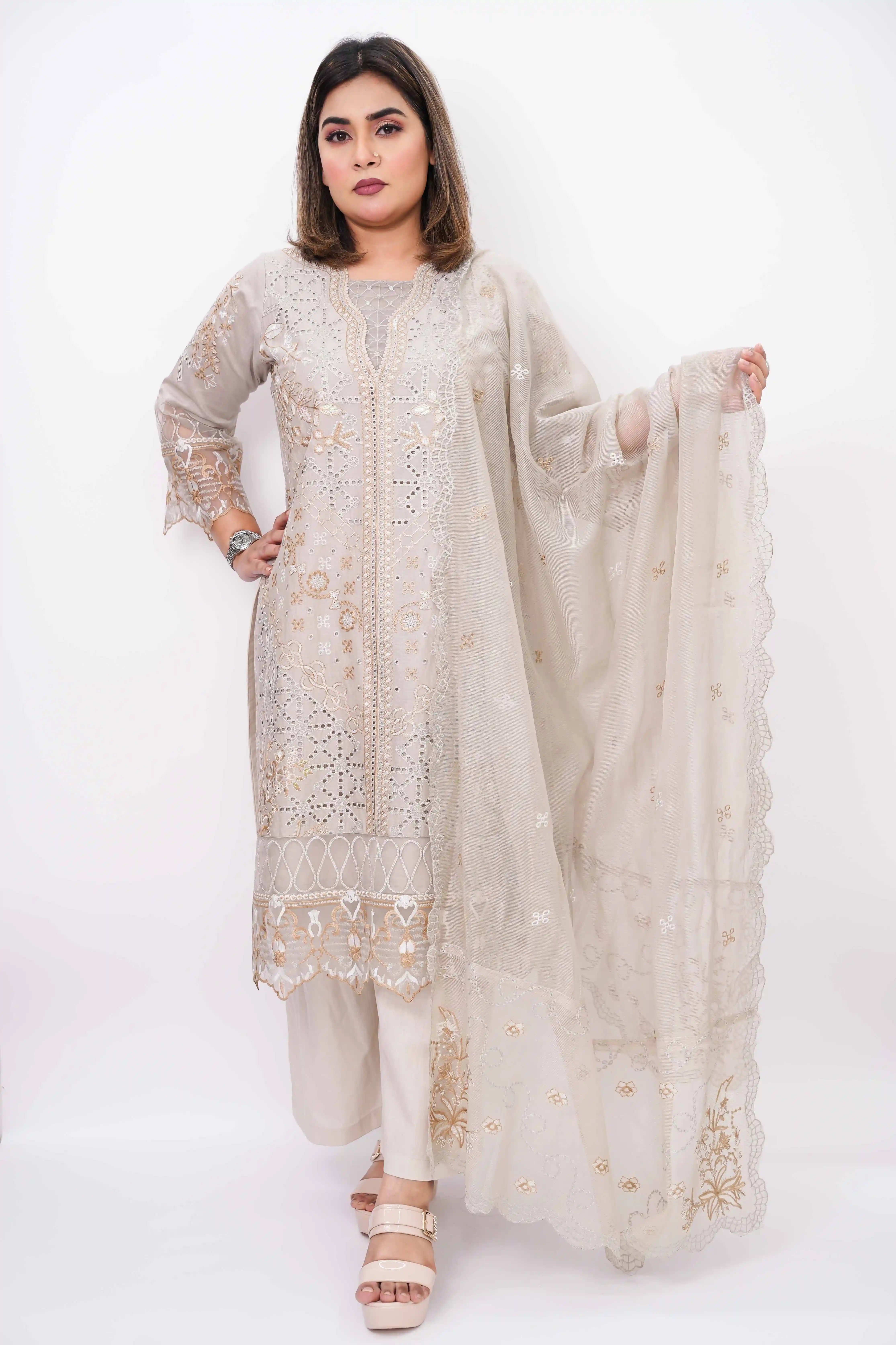 Premium Cotton Unstitched Three-Piece with Embroidery
