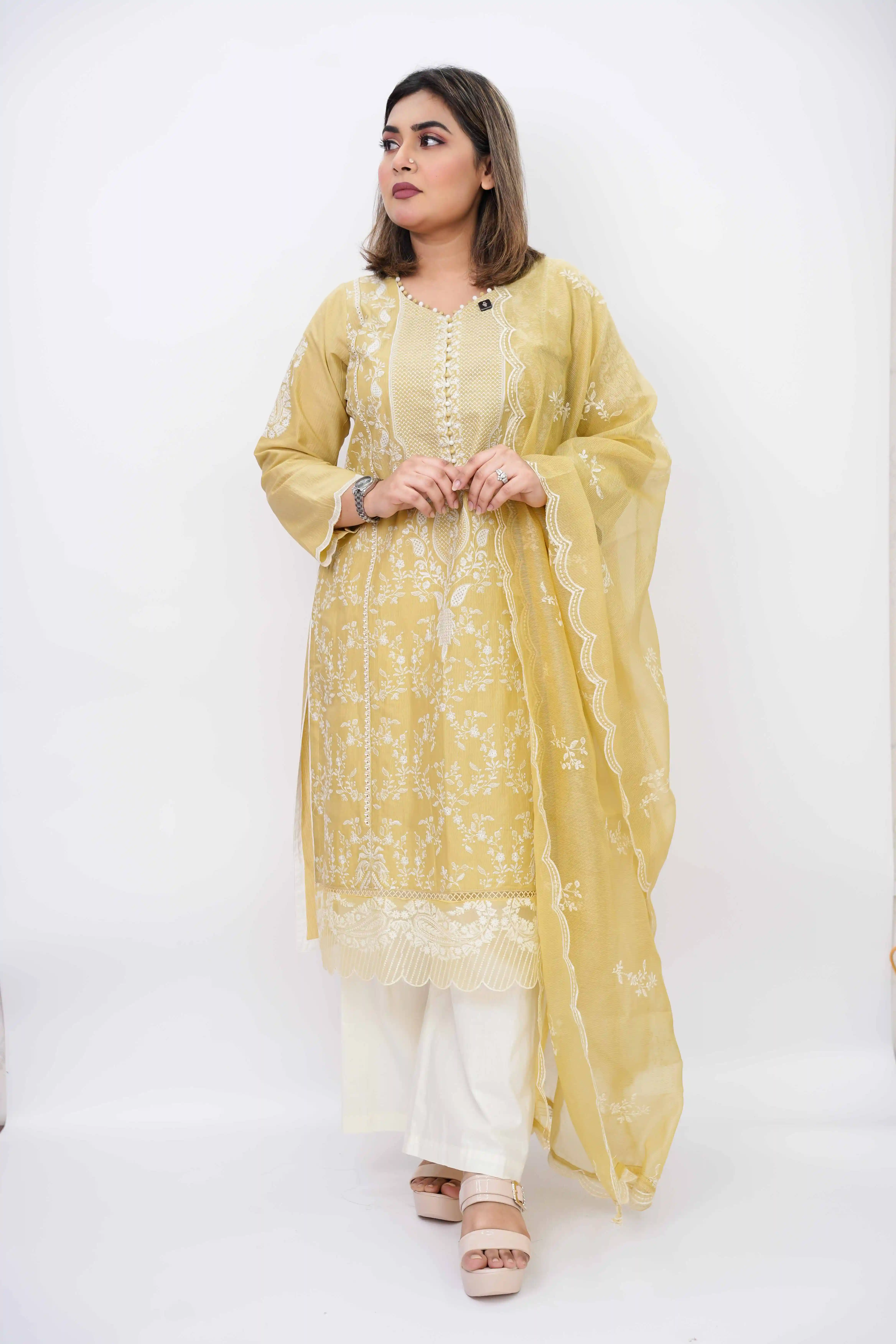 remium Cotton Unstitched Three-Piece with Embroidery
