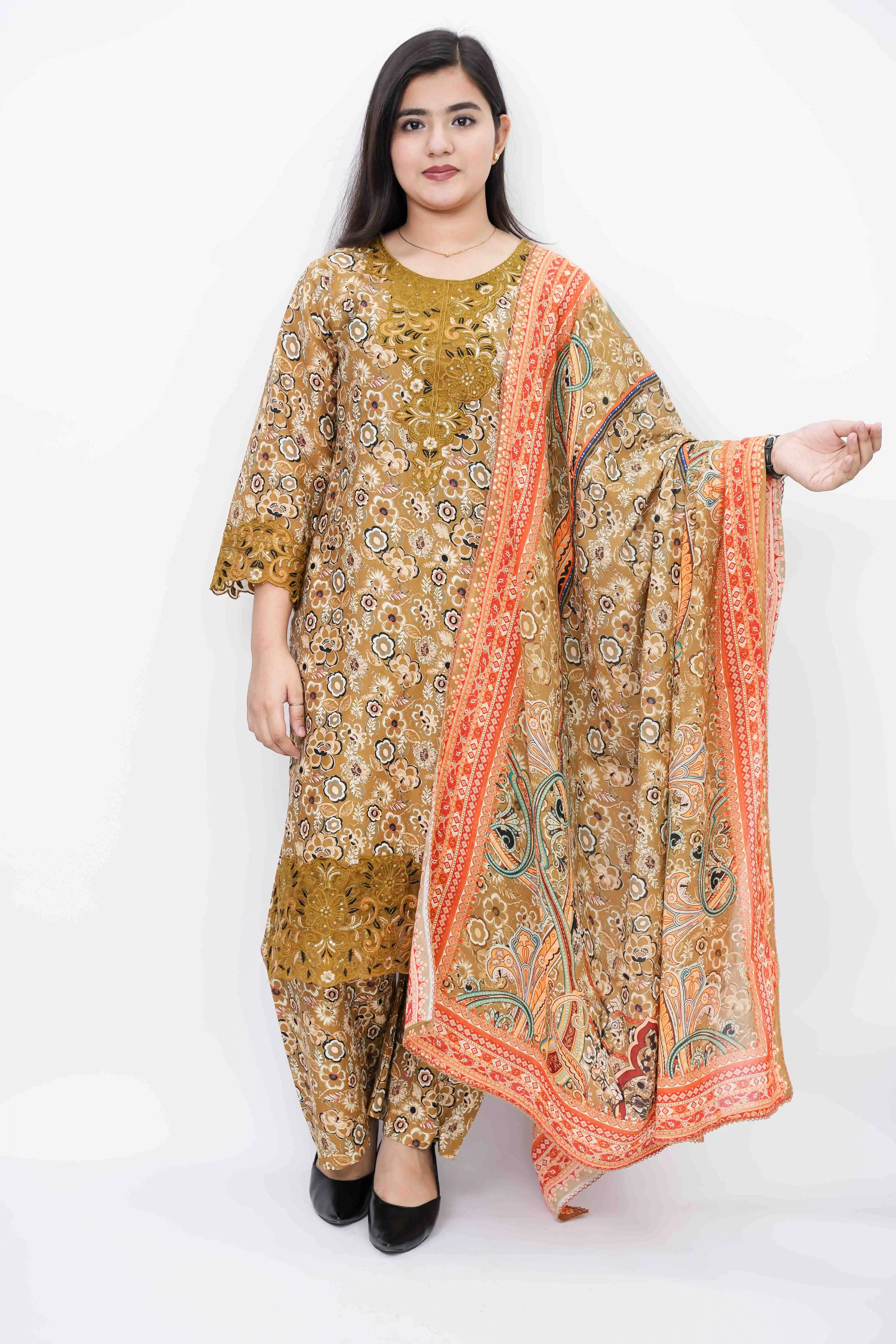 Stylish Cotton Ready Three-Piece with Embroidery