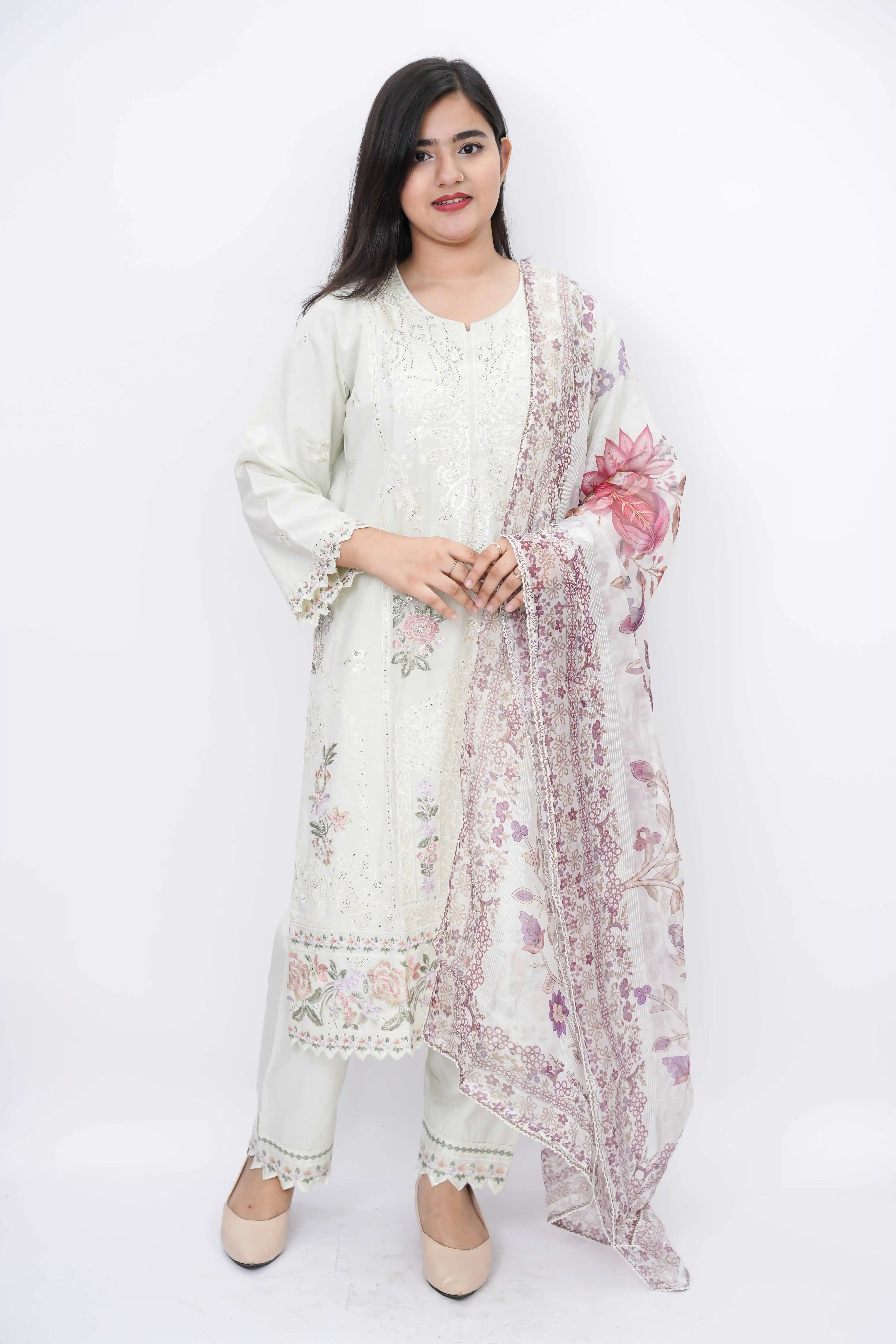 Elegant Embroidered Cotton Three-Piece Suit