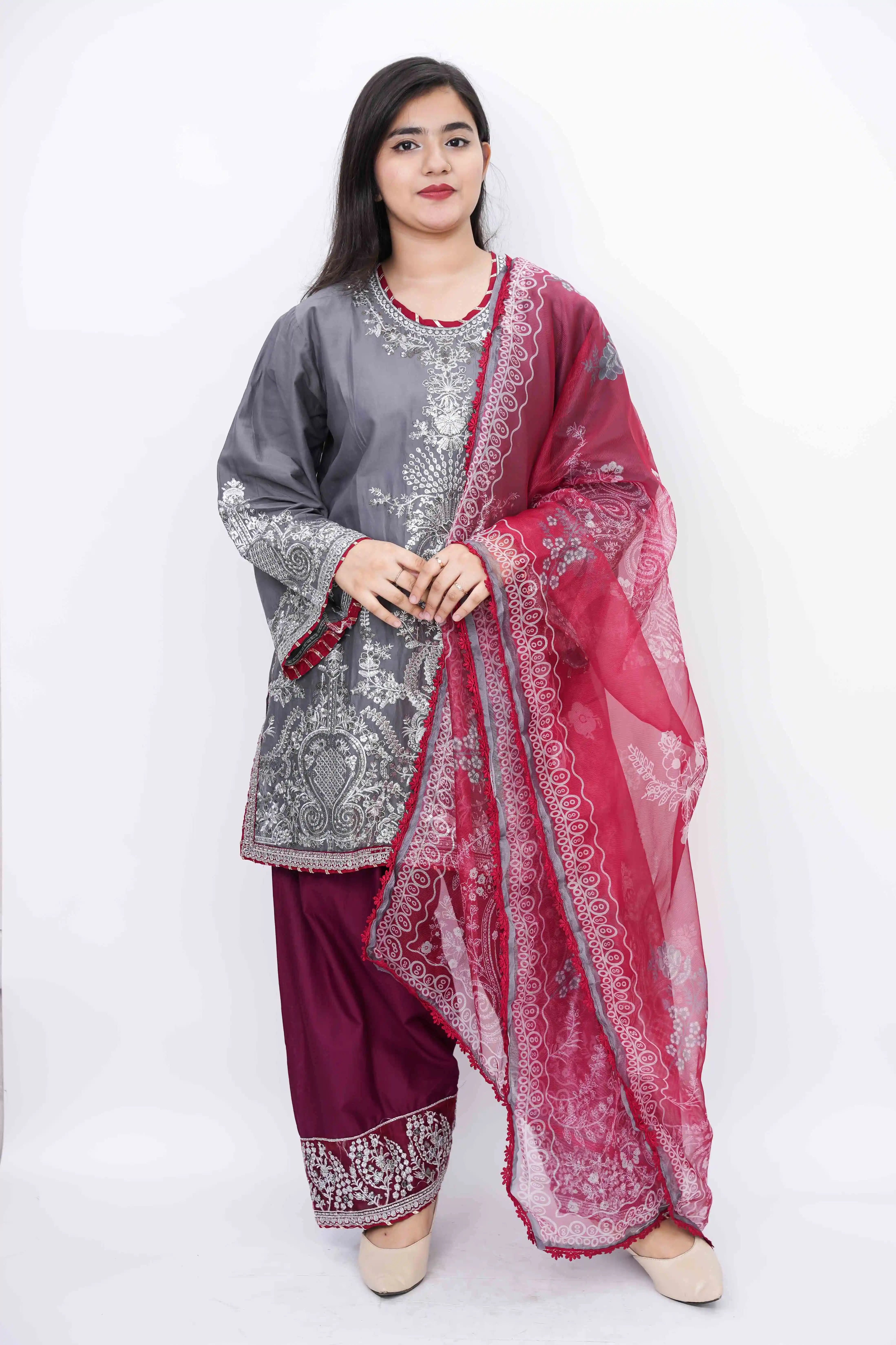 Premium Cotton Three-Piece with Embroidery and Putier Work