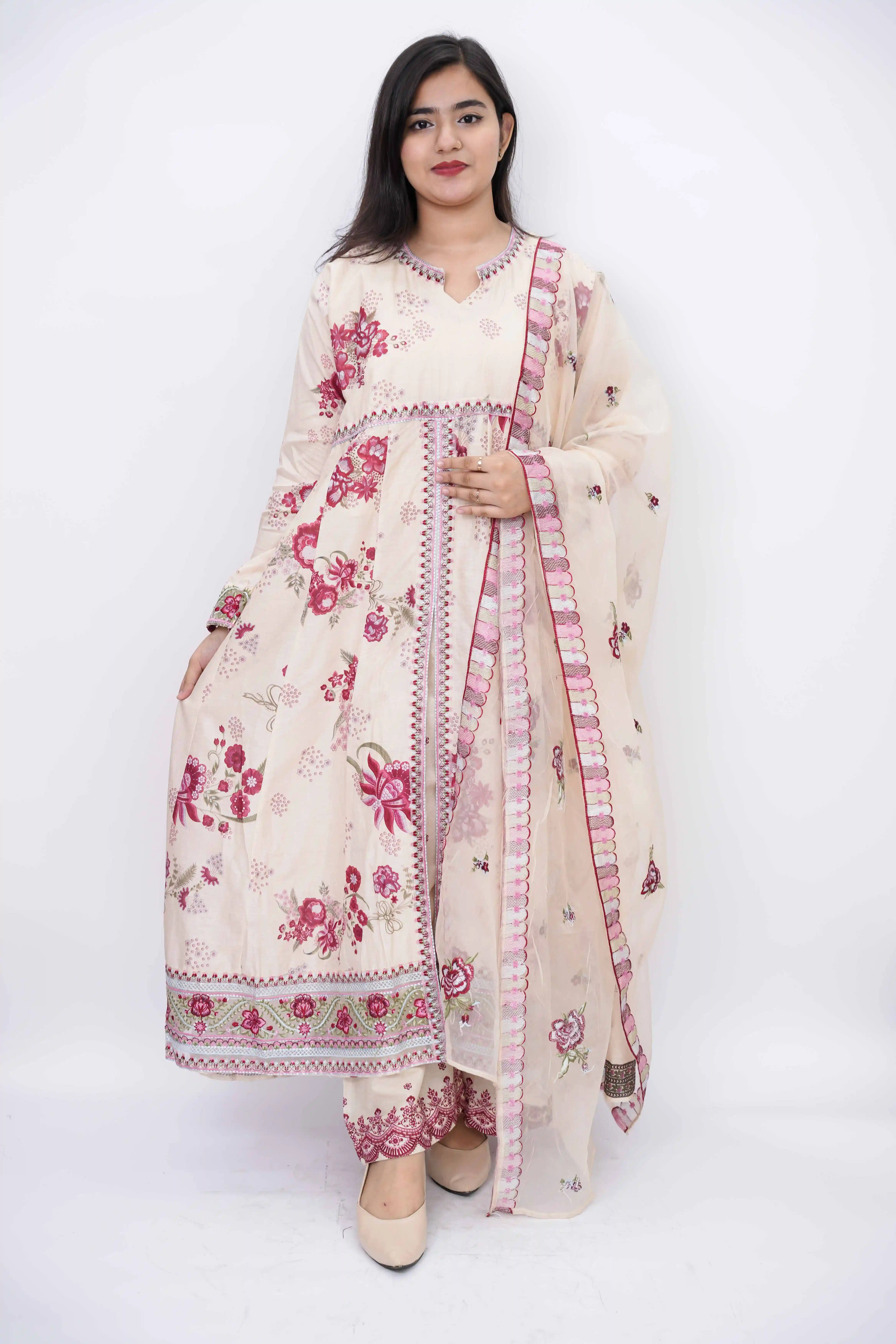 Elegant Cotton Embroidered Three-Piece Suit