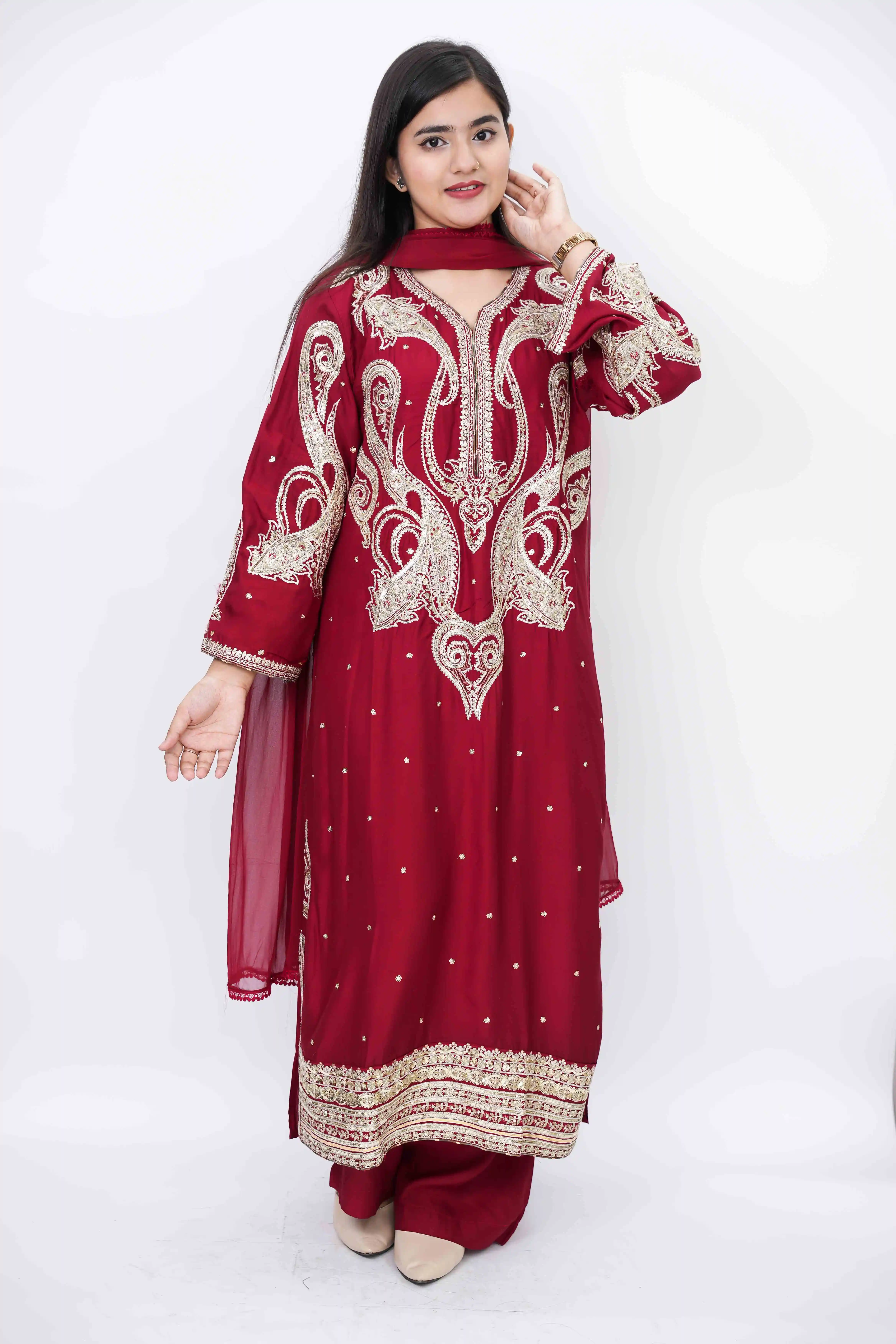 Elegant Cotton Three-Piece with Embroidery and Beadwork