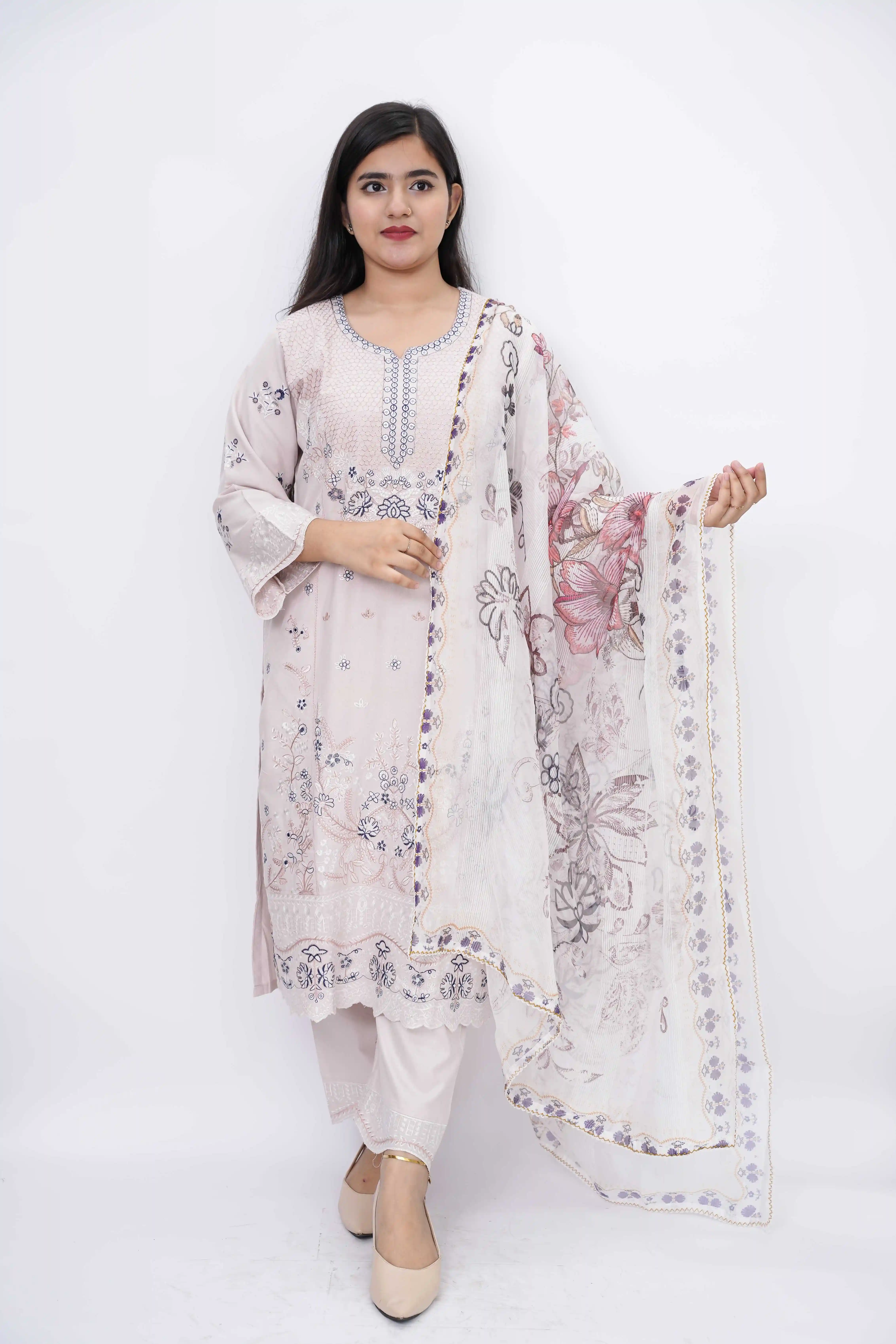 Elegant Premium Cotton Ready Three-Piece with Embroidery