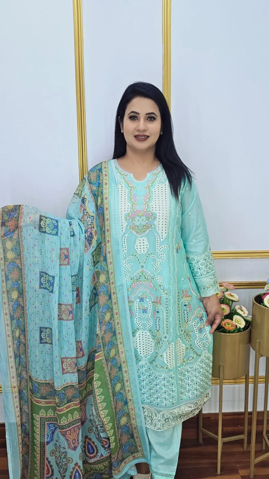 Premium Cotton Ready Three Piece with Chiffon Orna