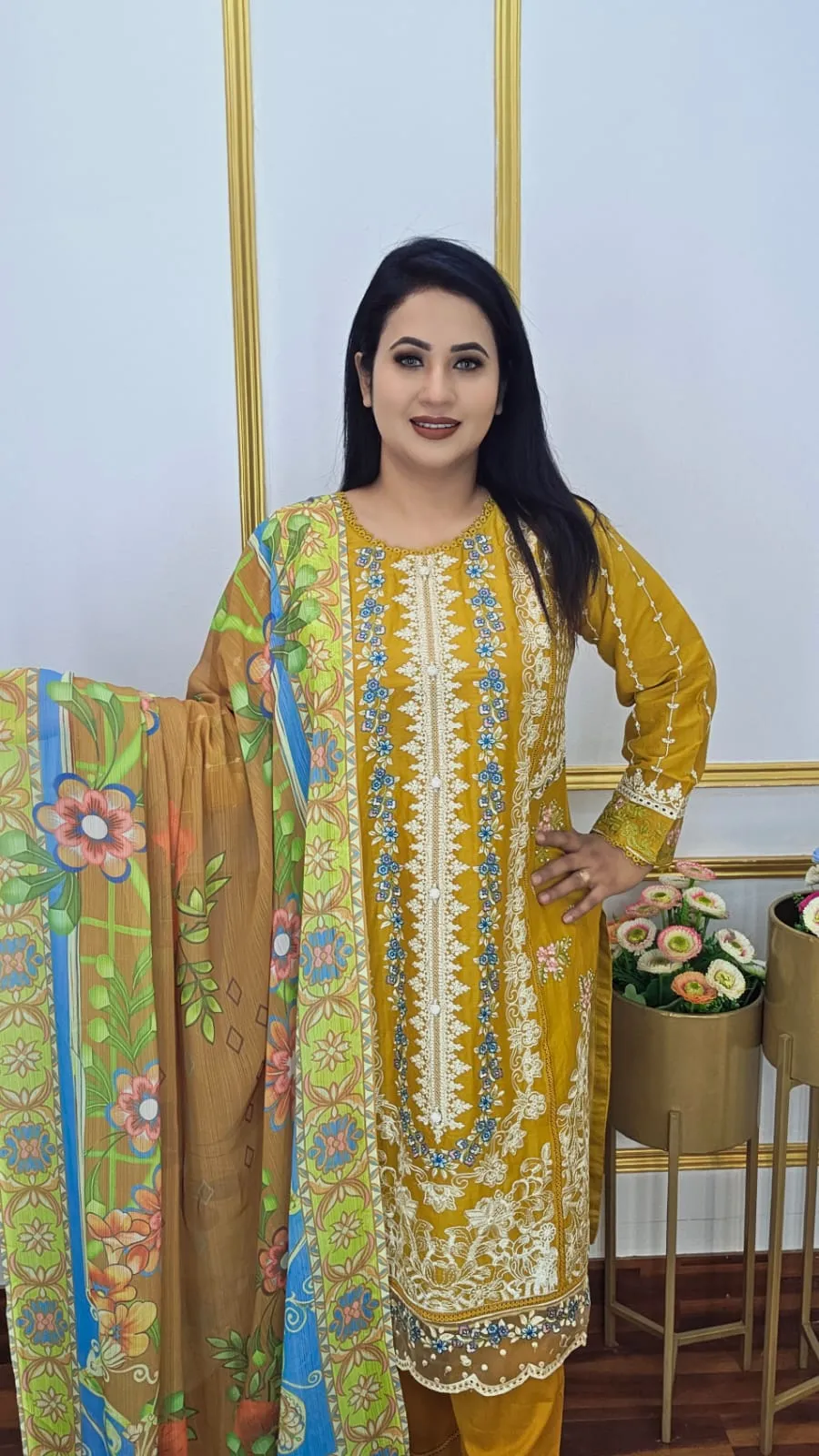 Premium Cotton Three-Piece with Chiffon Orna