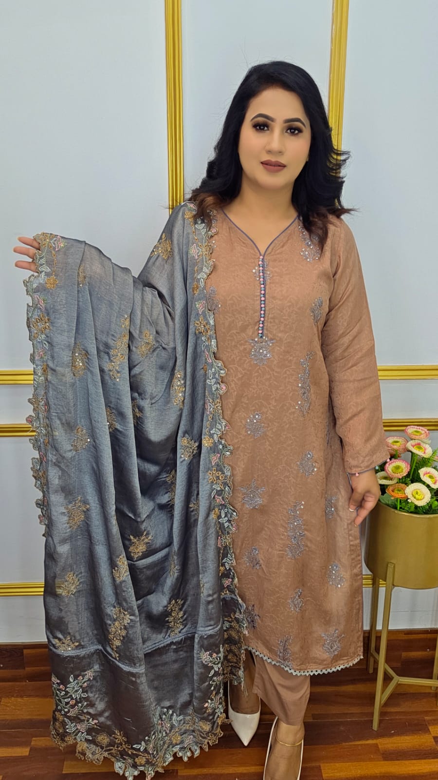 সিকুয়েন্স এমব্রয়ডারি প্রিমিয়াম থ্রি পিস | Sequence Embroidery Premium Three Piece | Shopping Zone BD | Style #CC1950B
