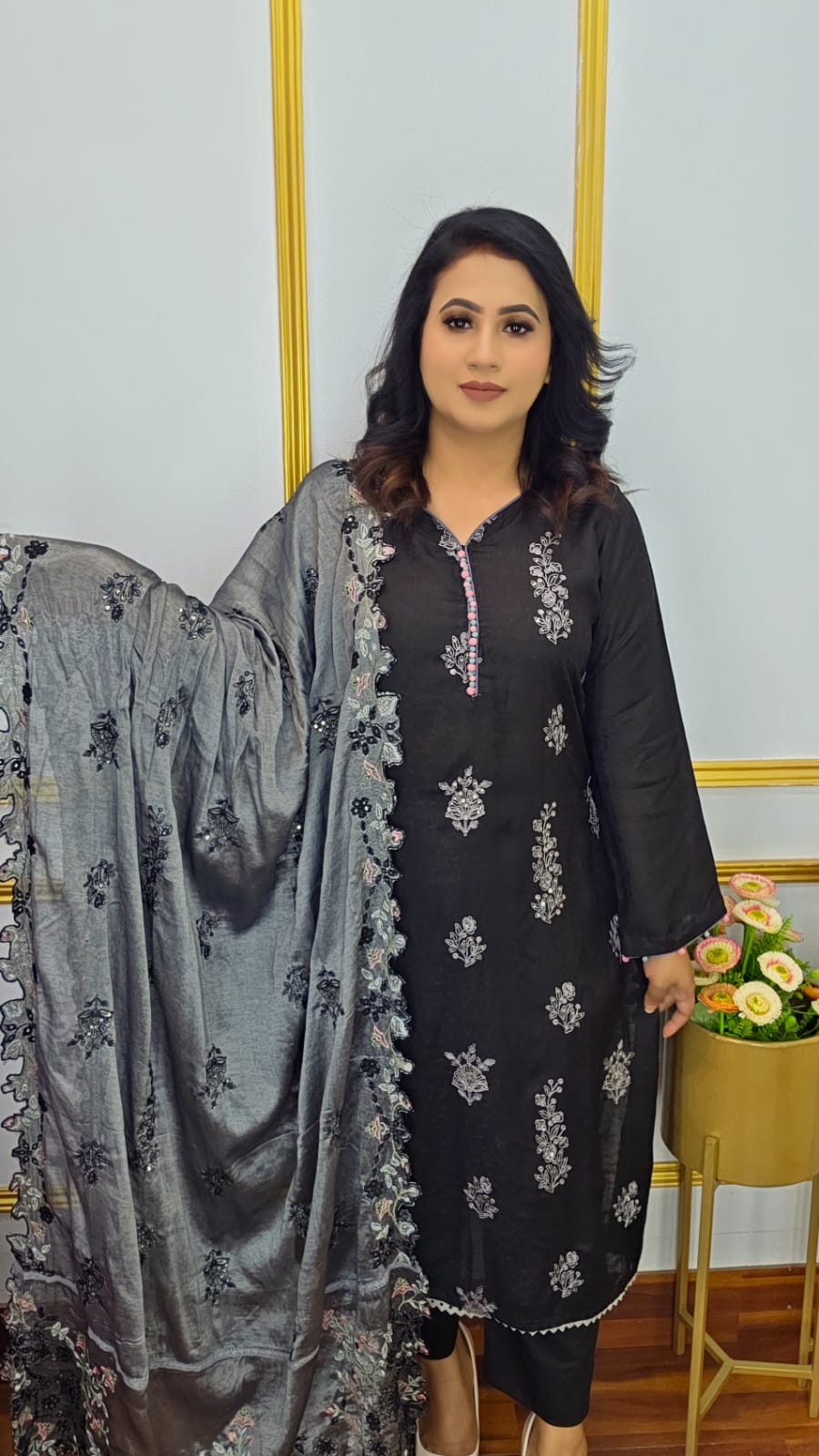 সিকুয়েন্স এমব্রয়ডারি থ্রি পিস | Premium Silk Black Three Piece | Shopping Zone BD | Style #CC1950BK