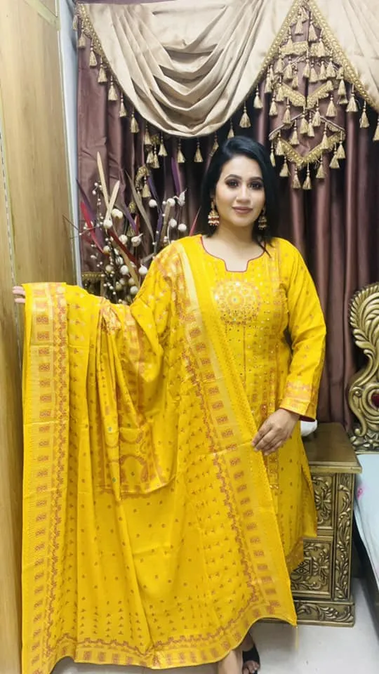 Unstitched Two-Piece Set | Cotton with Stone Work