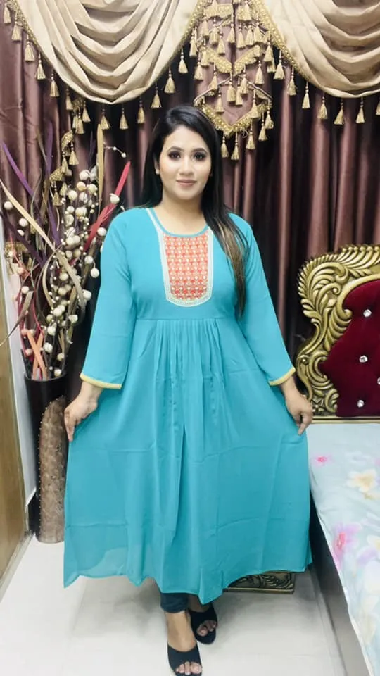 Semi Long Gown - Jorjet Fabric with Neck Embroidery