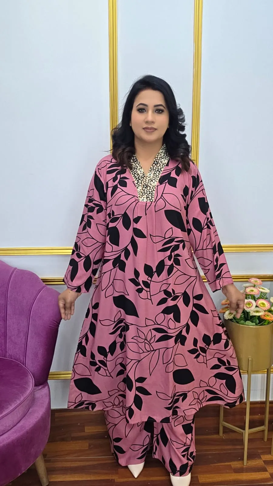 Imported Lilen Co-Ords Set with Embroidery Neck Panel