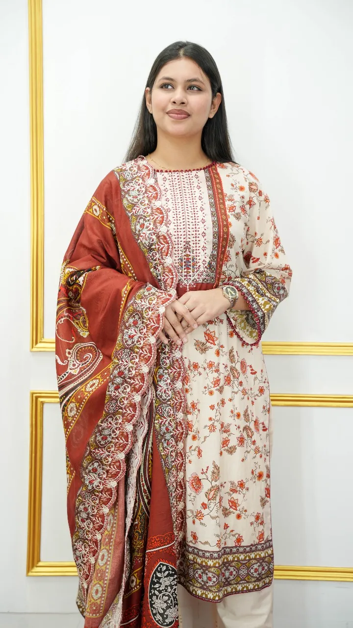 Cotton Unstitched Stylish Three-Piece