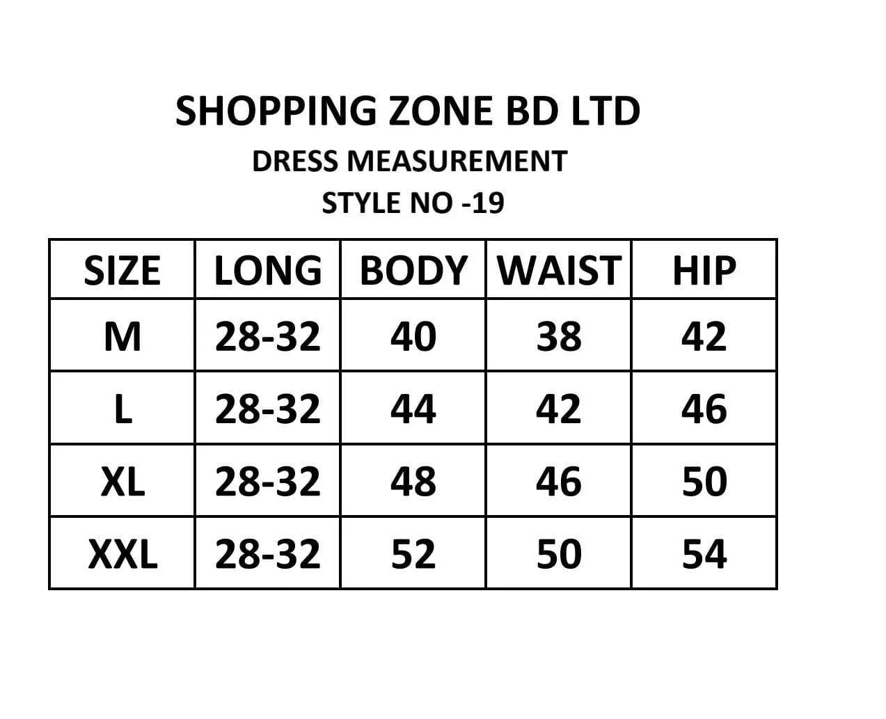 Product size chart image