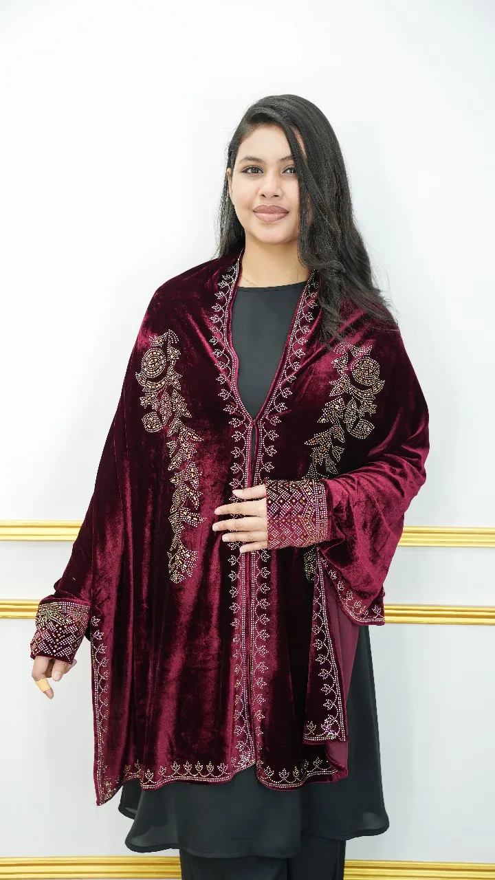 Velvet Cape Style Shawl – Handwork Edition Emerald Red