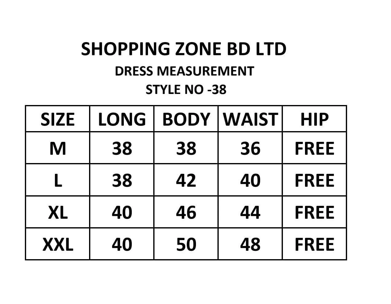 Product size chart image