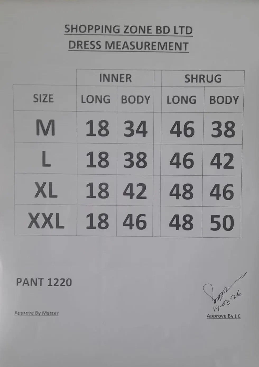 Product size chart image