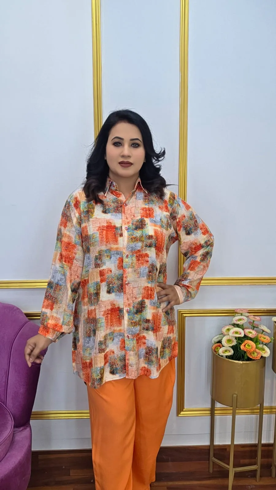 Women’s Co-ords Set Imported Lilen with Shirt Collar and Stone Work