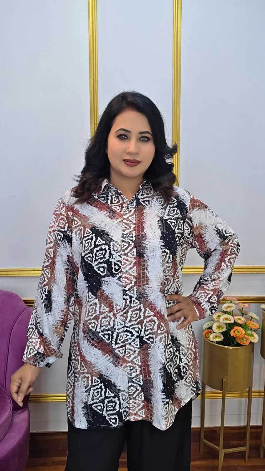 Women’s Imported Lilen Co-ords Set with Shirt Collar and Stone Work